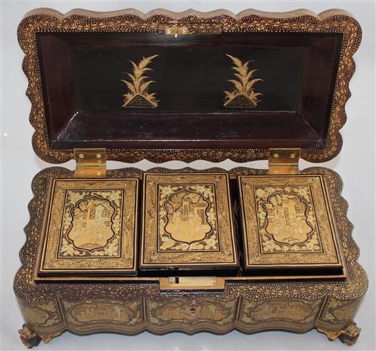 A Chinese export gilt decorated lacquer games box, 19th century, 33.5cm